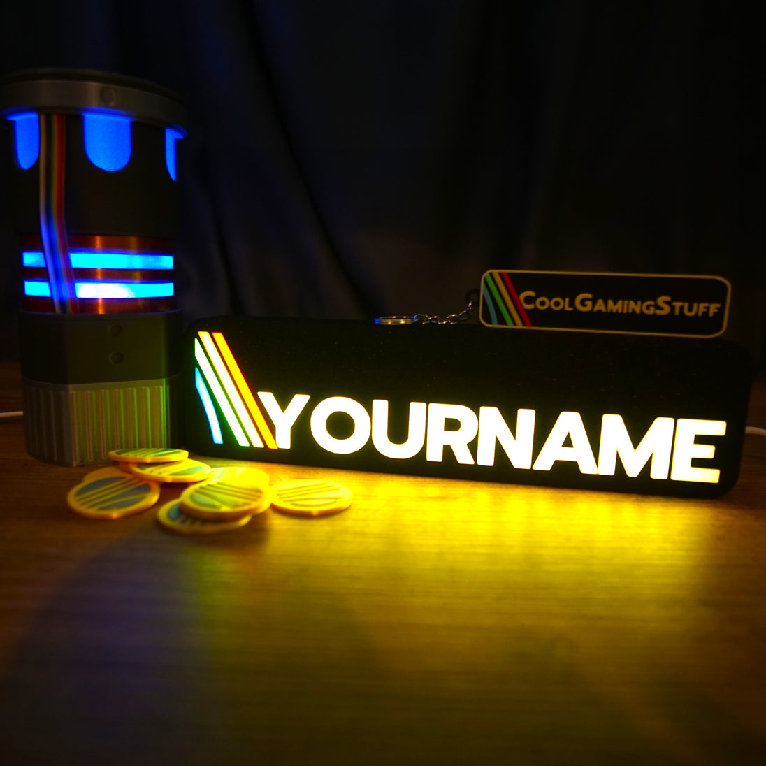Gaming accessory with customizable name on a dark background