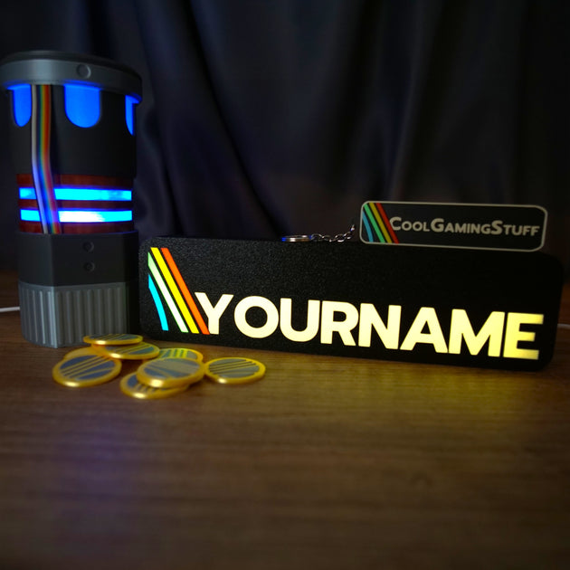Personalized gaming nameplate with colorful LED light and 'CoolGamingStuff' branding.
