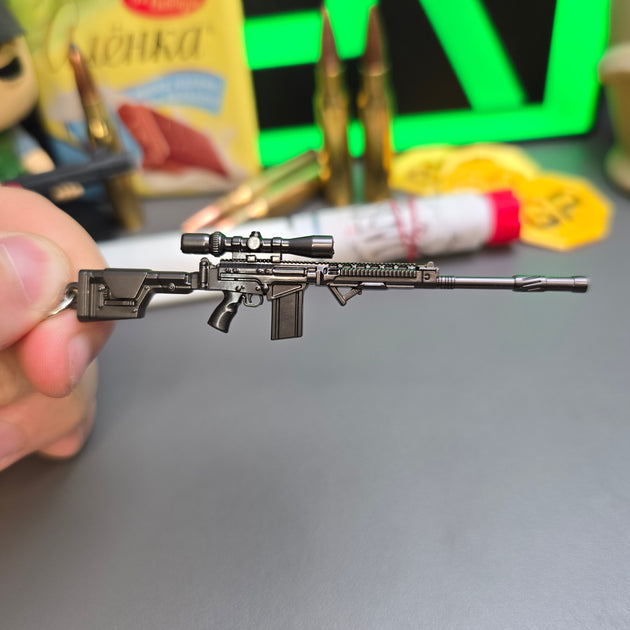 Modded FAL 7.62 rifle model keyring – dark gunmetal

