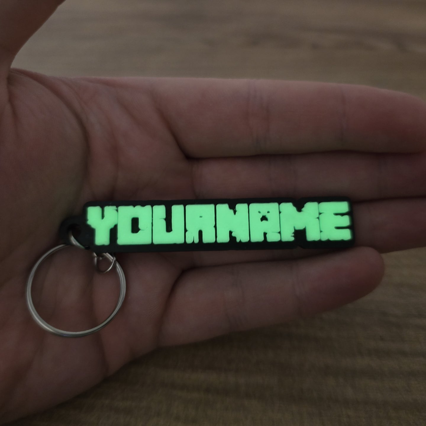 glow green minecraft keychain on metal ring