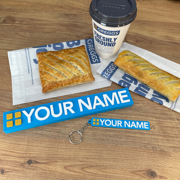 Greggs inspired personalised desk nameplate UK