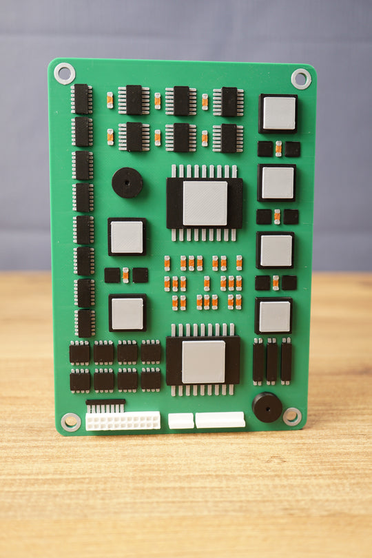 Military circuit board replica inspired by Tarkov, shown upright with green board, black chips, silver components, orange details, and white connector ports.