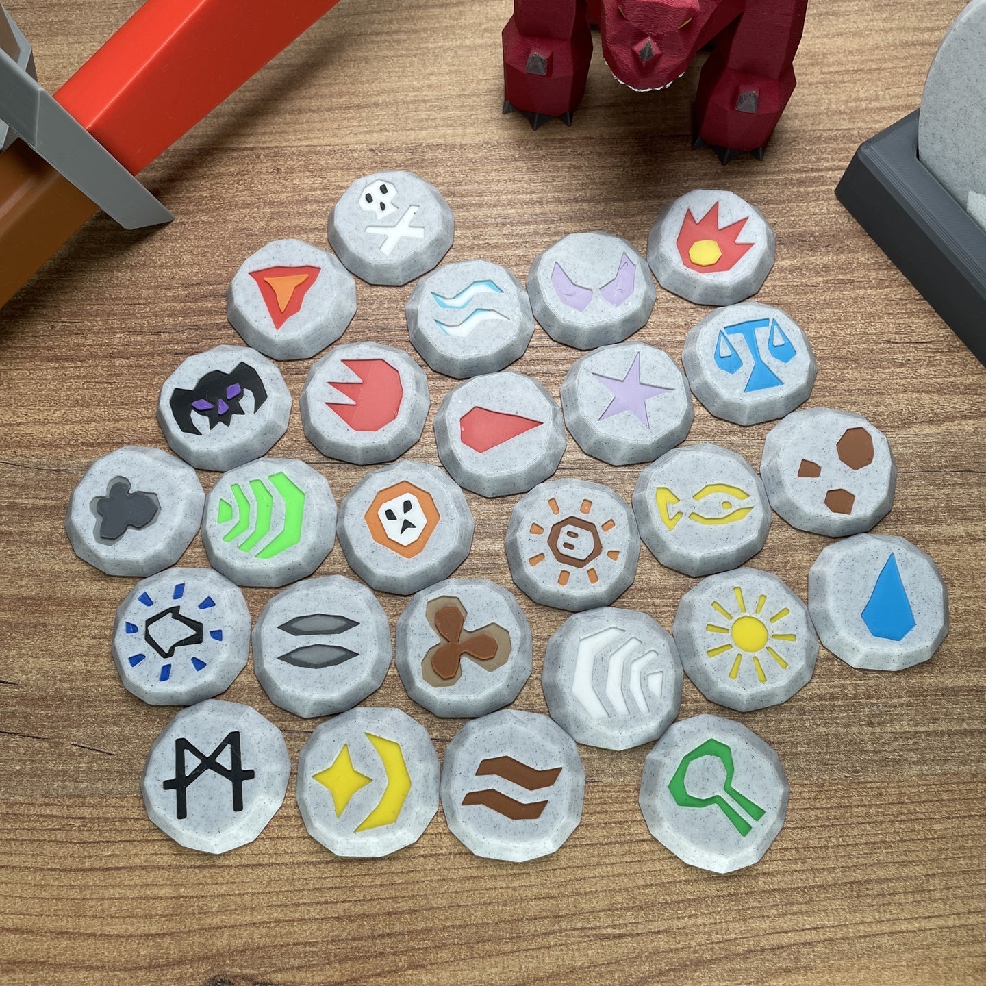 Old School RuneScape runes 3D printed in marble PLA  