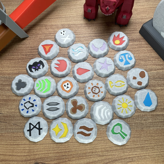 Old School RuneScape runes 3D printed in marble PLA  