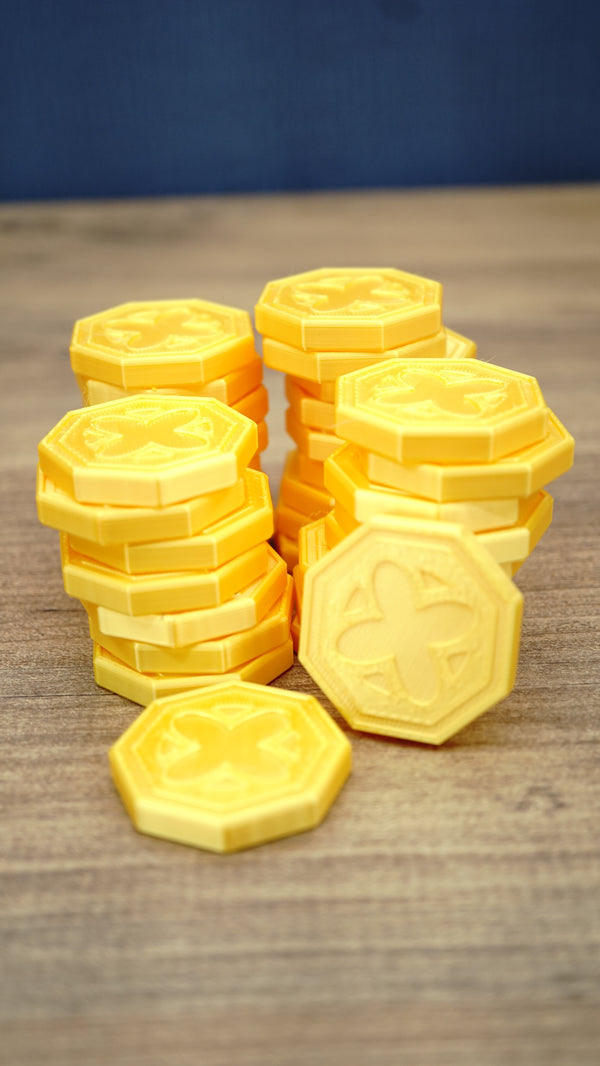 4cm Old School RuneScape inspired gold coin collectibles made from gold silk PLA, available in packs of 5, 10, 25, 50 and 100 coins