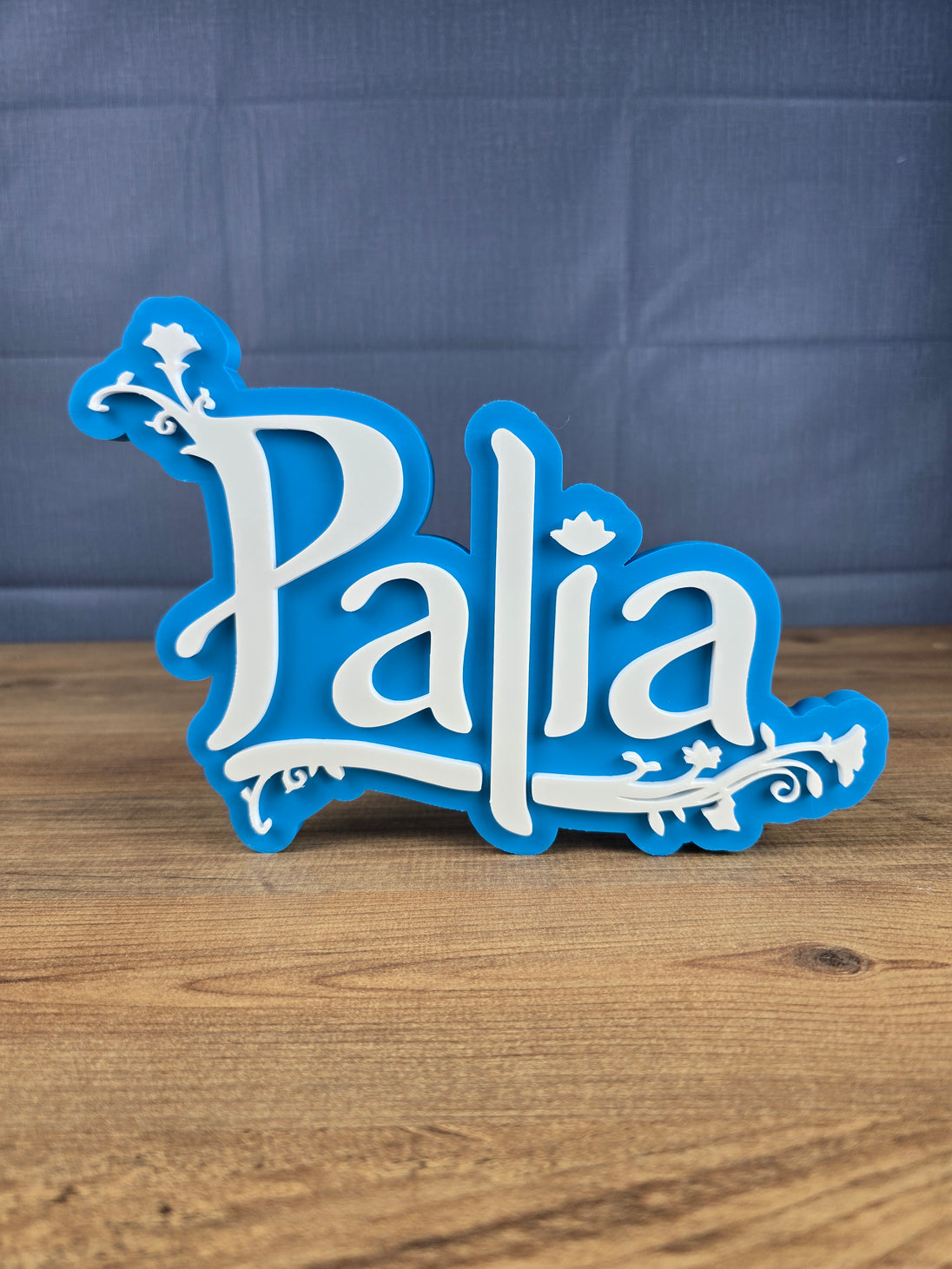 blue and white Palia sign gaming room decor