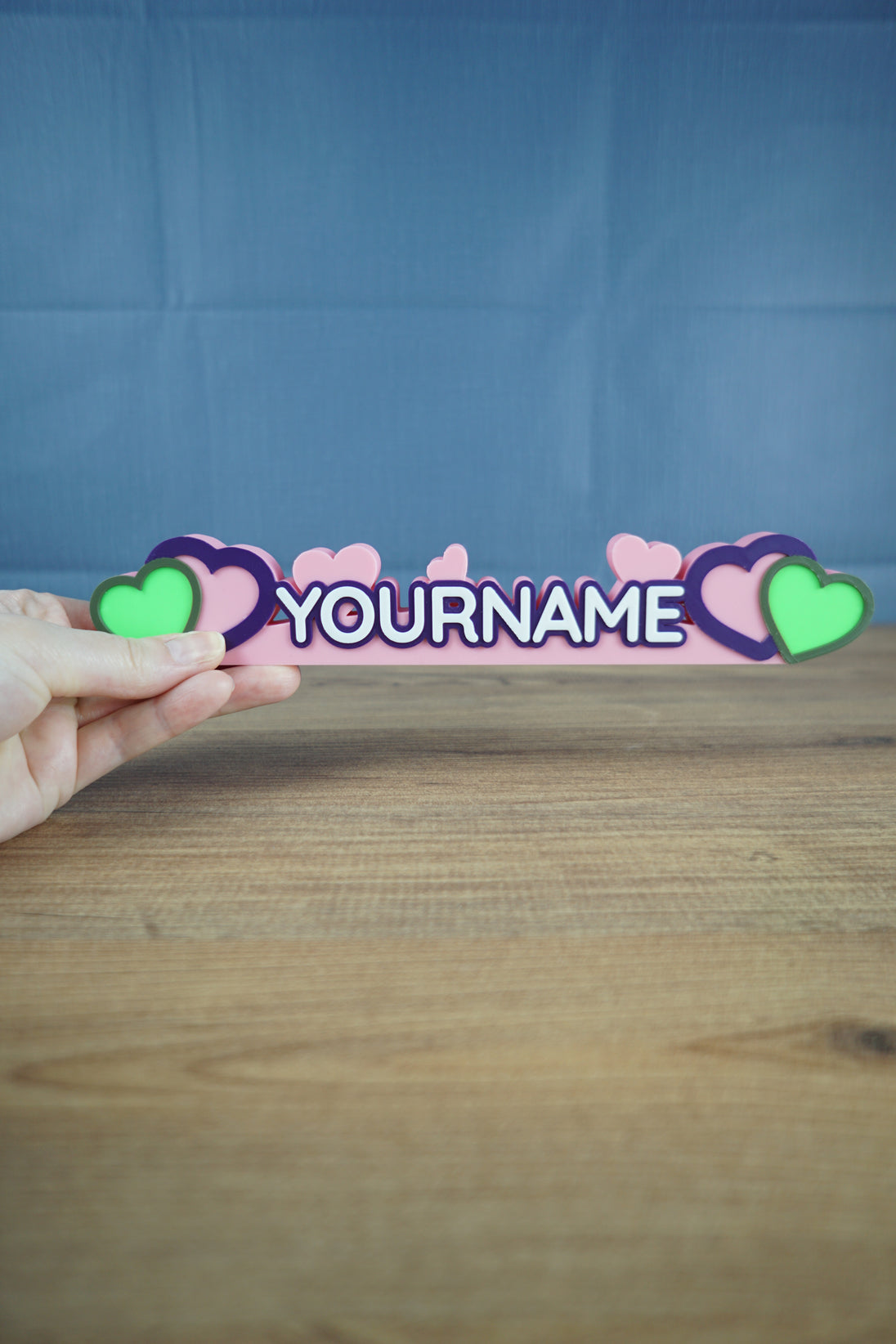 Custom heart nameplate 3D printed for cozy gamer setup and desk decor