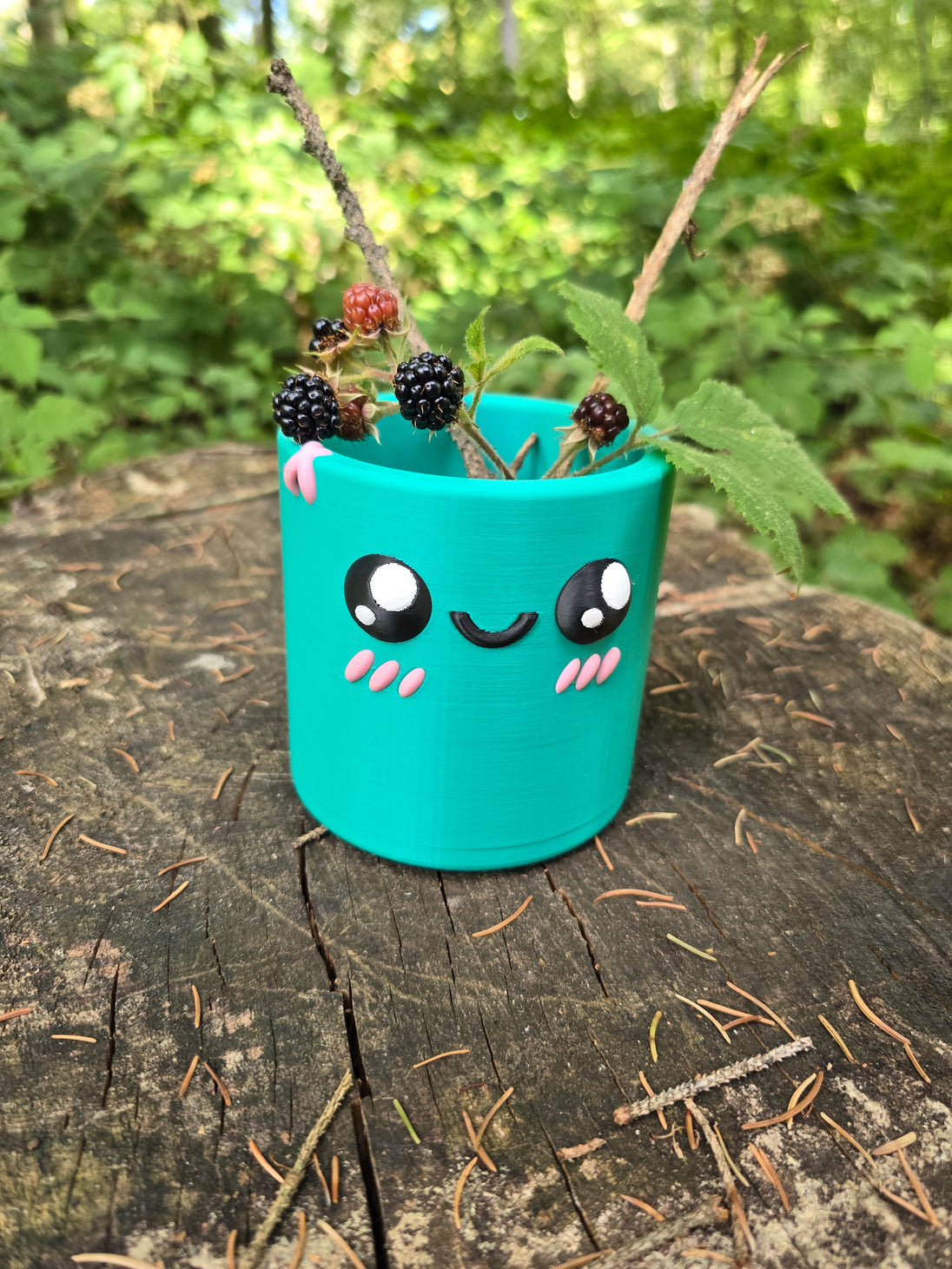 Teal Palia Cyl Pen Pot with a cute smiling face, holding blackberry branches on a tree stump in a forest.