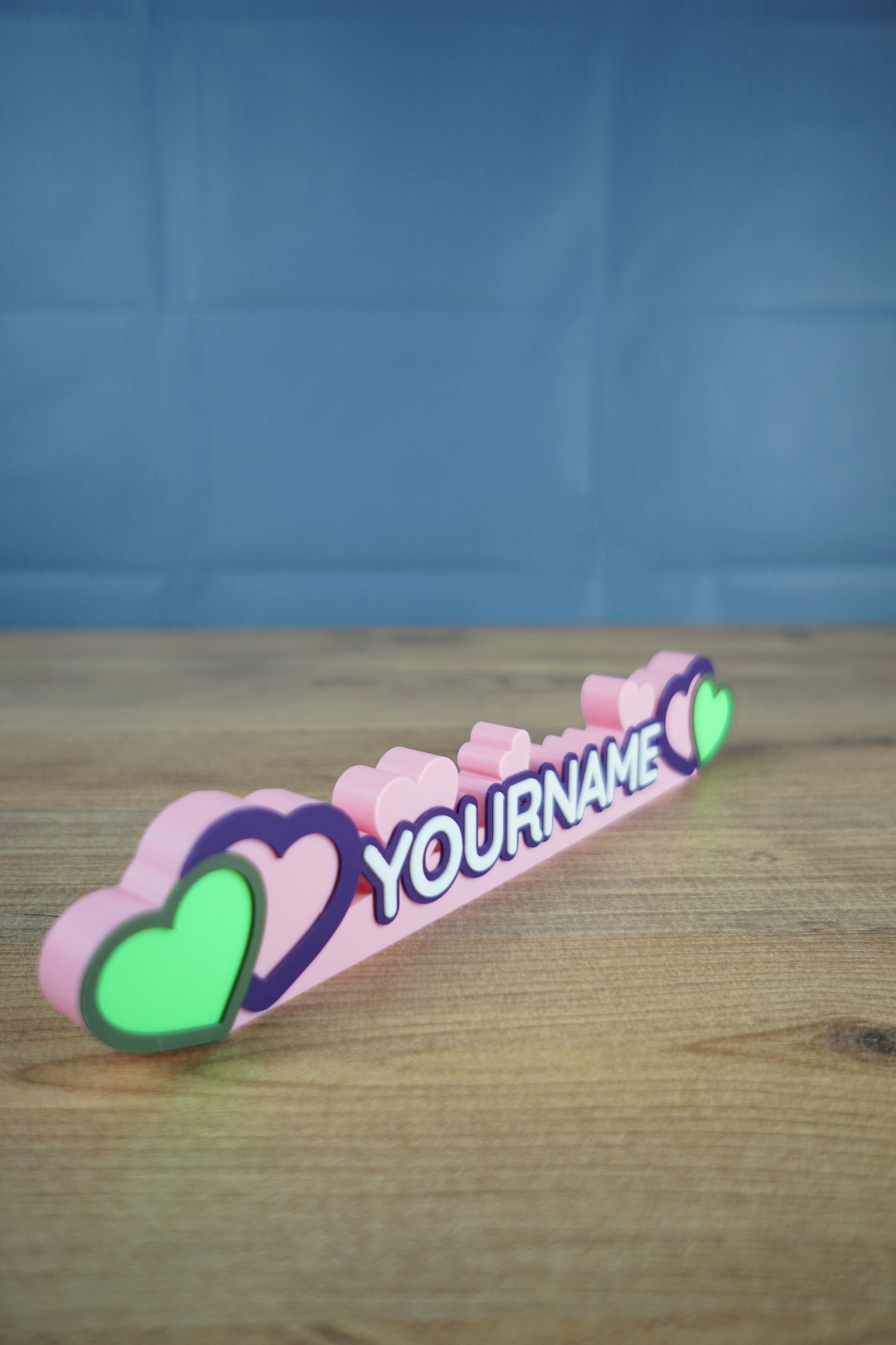 3D printed Heartwarming Hearth nameplate with custom name and heart themed design