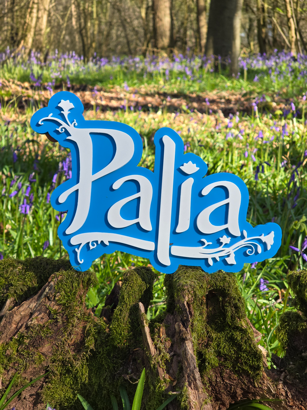 Palia logo 3D printed display stand blue and white
