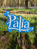 Palia logo 3D printed display stand blue and white