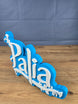 Palia logo display stand angled side view
