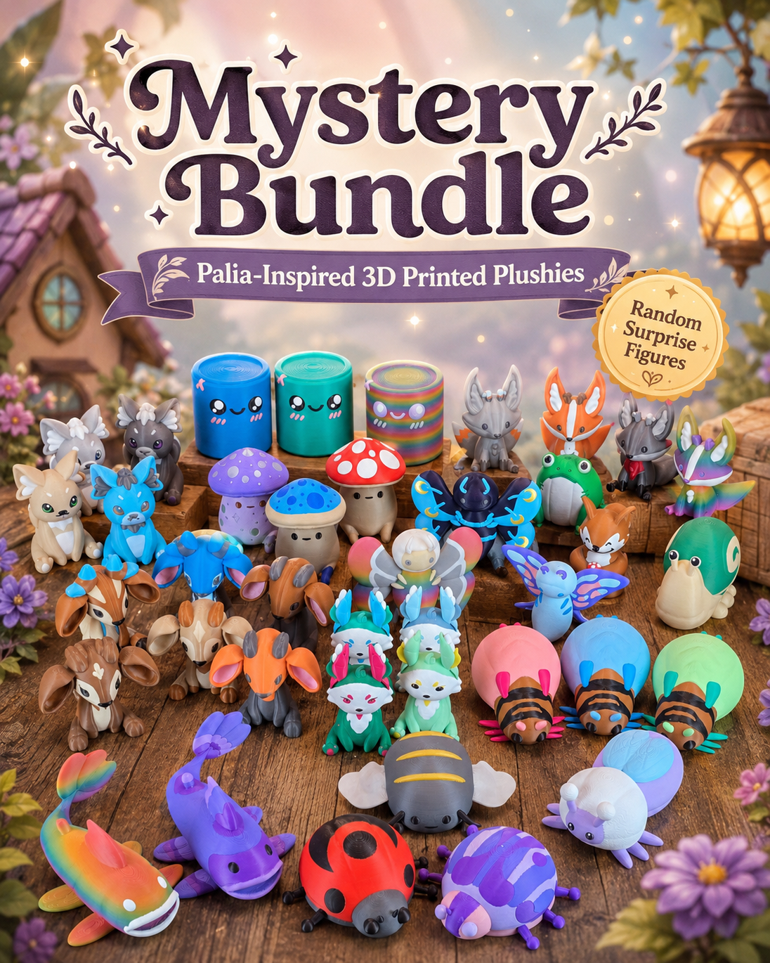 Palia-inspired Mystery Bundle graphic featuring a large group of colourful 3D printed plush figures, including palcats, mushrooms, Cyl cylinders, bugs, fish, foxes, frogs, moths, sernuks, and snails, arranged on a wooden table in a magical fantasy village setting with a Random Surprise Figures badge.