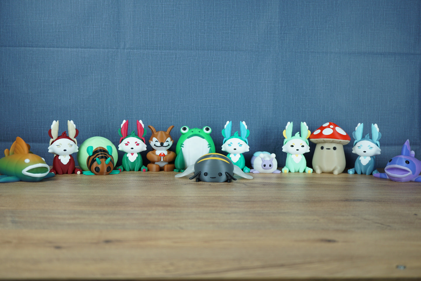 Palia plush-style figures collection with Chapaa, Frogbert, Kitsuu, Sernuk, Flutterfox and other fan-made game collectibles for display