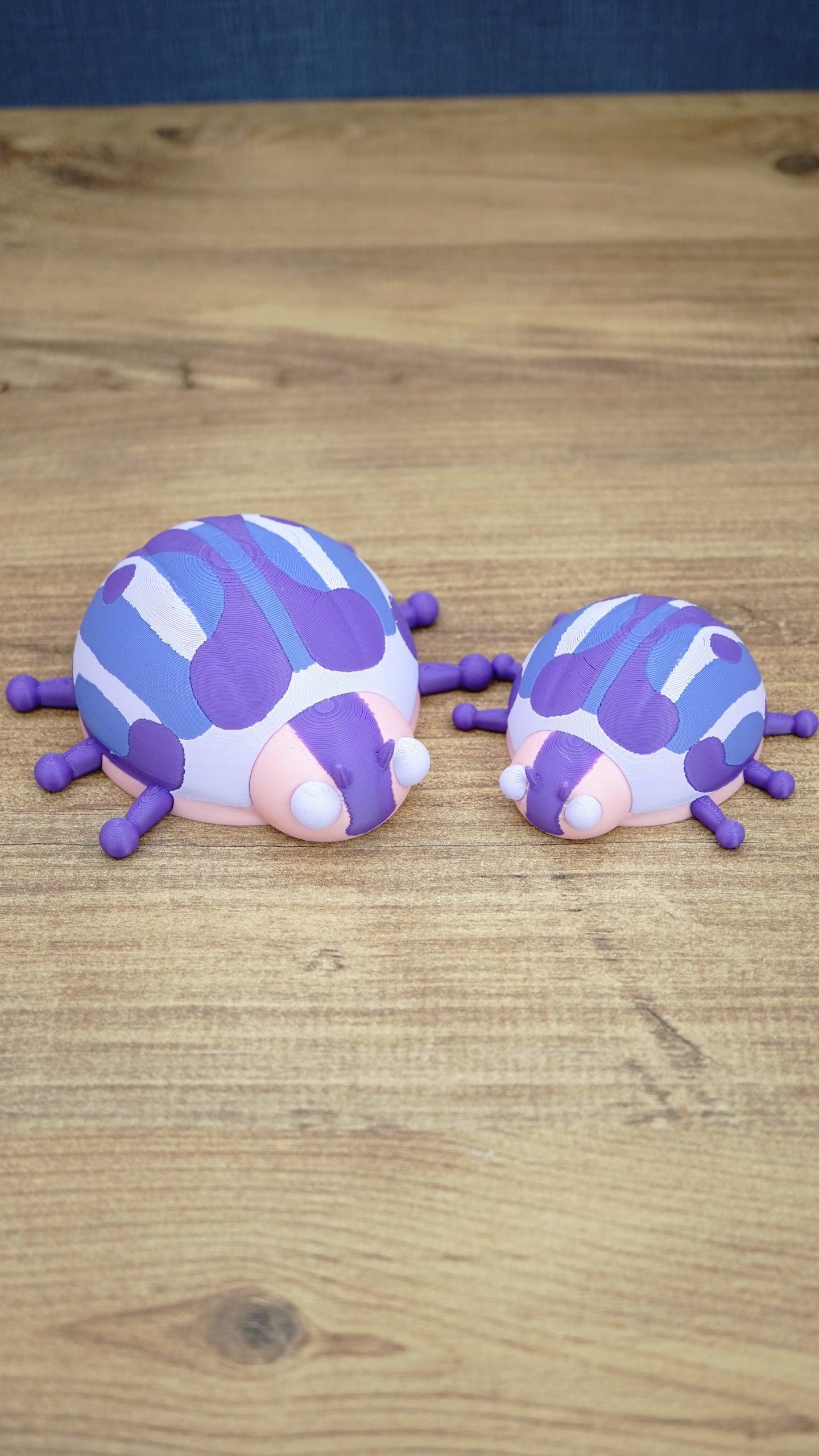 Small and large Palia Princess Ladybug plush figures displayed together, showing the purple, pink, white and blue design in 8cm and 11cm sizes