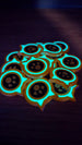Pile of glow-in-the-dark Palworld-inspired dog coin replicas with turquoise glowing rings and paw-print centers on a dark tabletop.