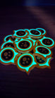 Pile of glow-in-the-dark Palworld-inspired dog coin replicas with turquoise glowing rings and paw-print centers on a dark tabletop.