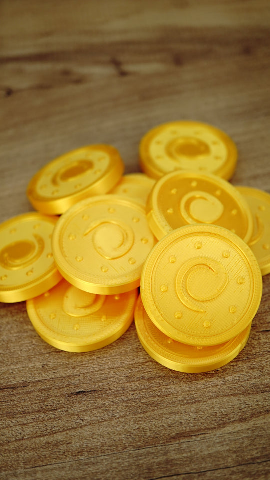 Palworld Gold Coin replica pack options arranged together, available in quantities of 5, 10, 25, 50 or 100 for displays, cosplay and gaming even