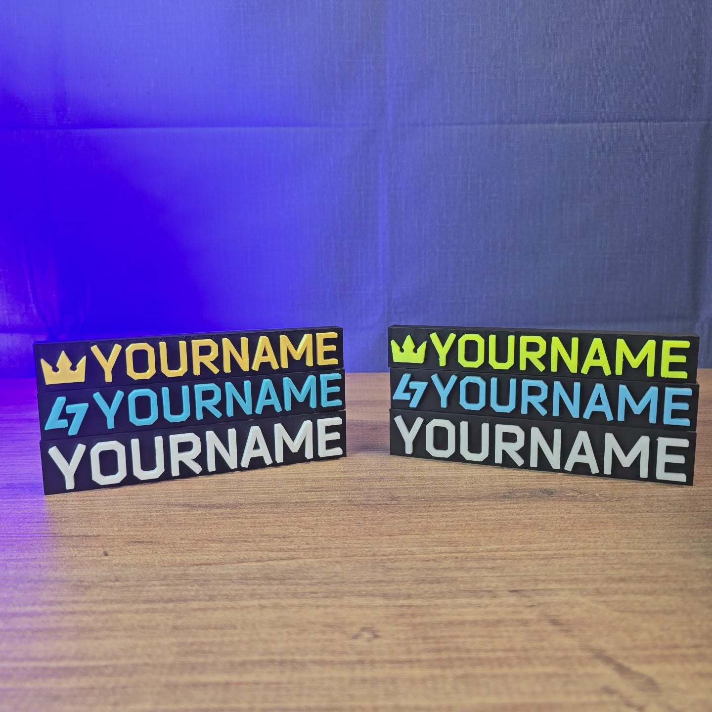 Custom Escape from Tarkov-style nameplate shown being held and displayed, featuring personalised lettering for gaming desks, shelves, or display setups.
