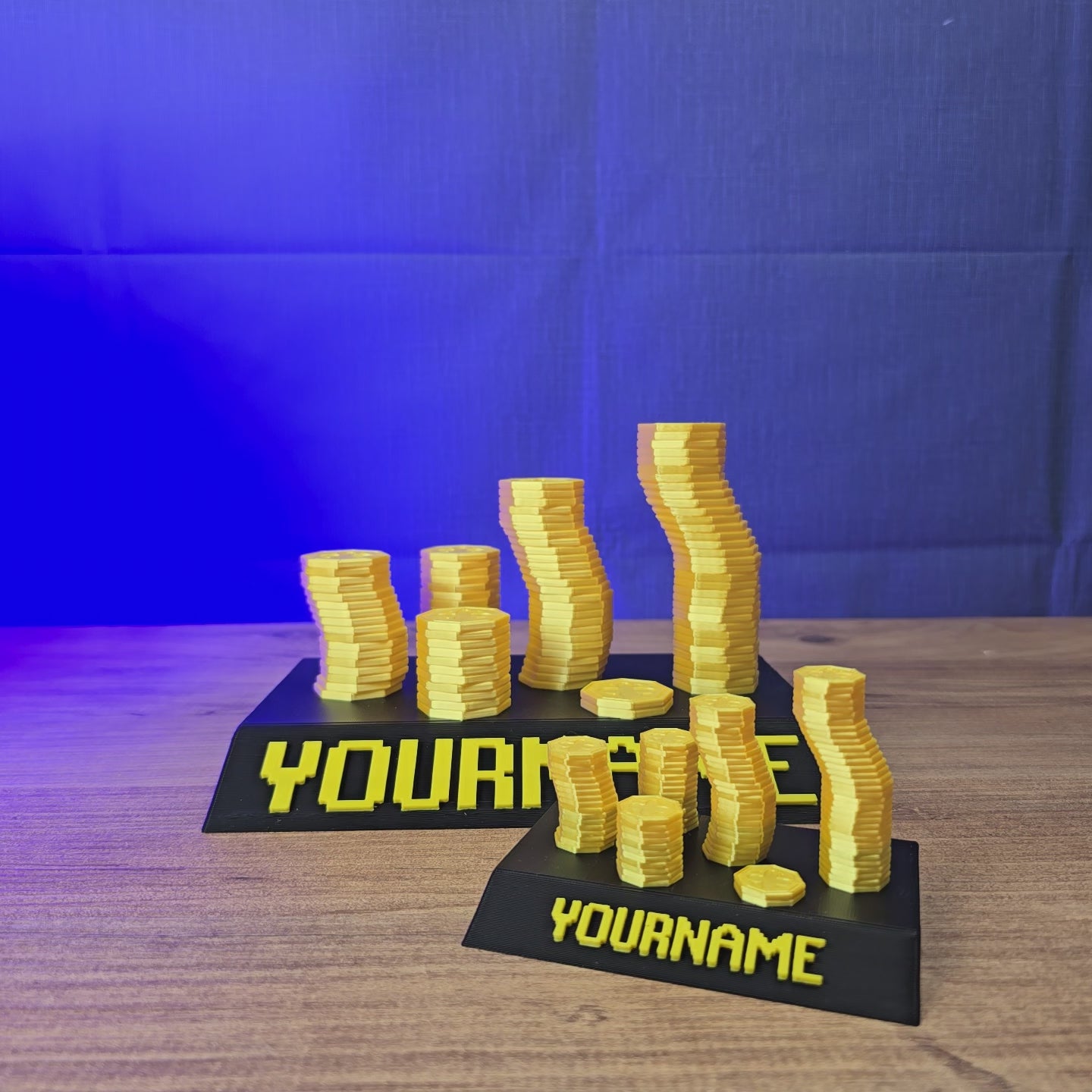 3D-printed Old School RuneScape max gold stack nameplate shown being held and displayed, with a gold coin stack design and personalised name option for OSRS fans.