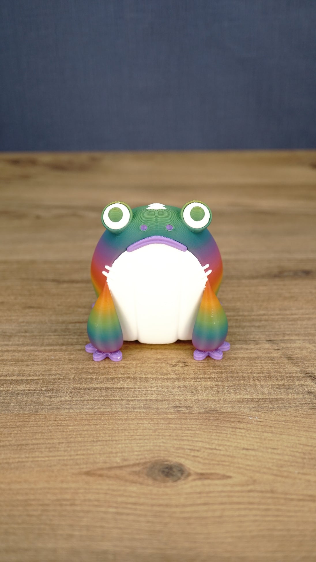 Front view of a large rainbow Frogbert plush figure with big eyes, white belly, purple mouth, and colorful body.