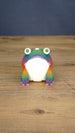 Front view of a large rainbow Frogbert plush figure with big eyes, white belly, purple mouth, and colorful body.