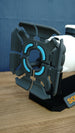 Front view of Sonic Resonator replica emitter assembly with four dark grey resonator sections and cyan details inspired by Subnautica 2