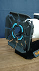Front view of Sonic Resonator replica emitter assembly with four dark grey resonator sections and cyan details inspired by Subnautica 2