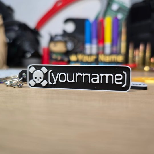 Example of a custom Tarkov Death Keyring with personalized text
