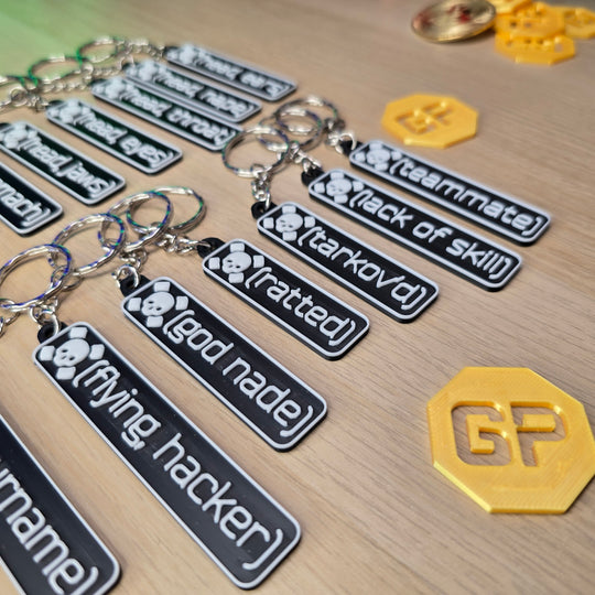 Close-up view of debossed Tarkov Death Keyring texture

