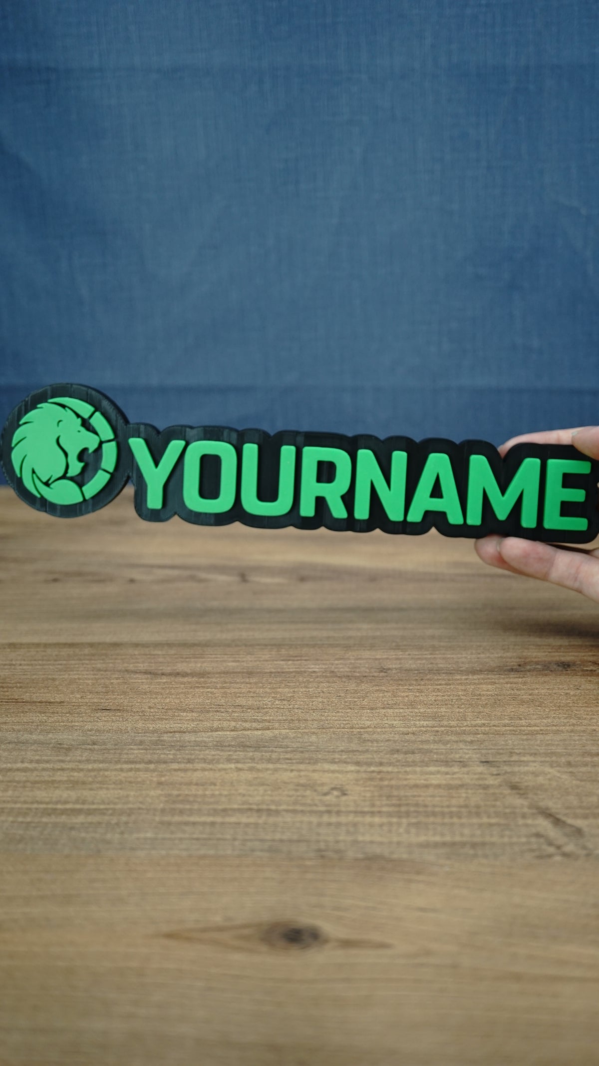Manticore Green 25cm gaming nameplate held in one hand, showing the green lion emblem, YOURNAME lettering and full black outlined design against a blue background.